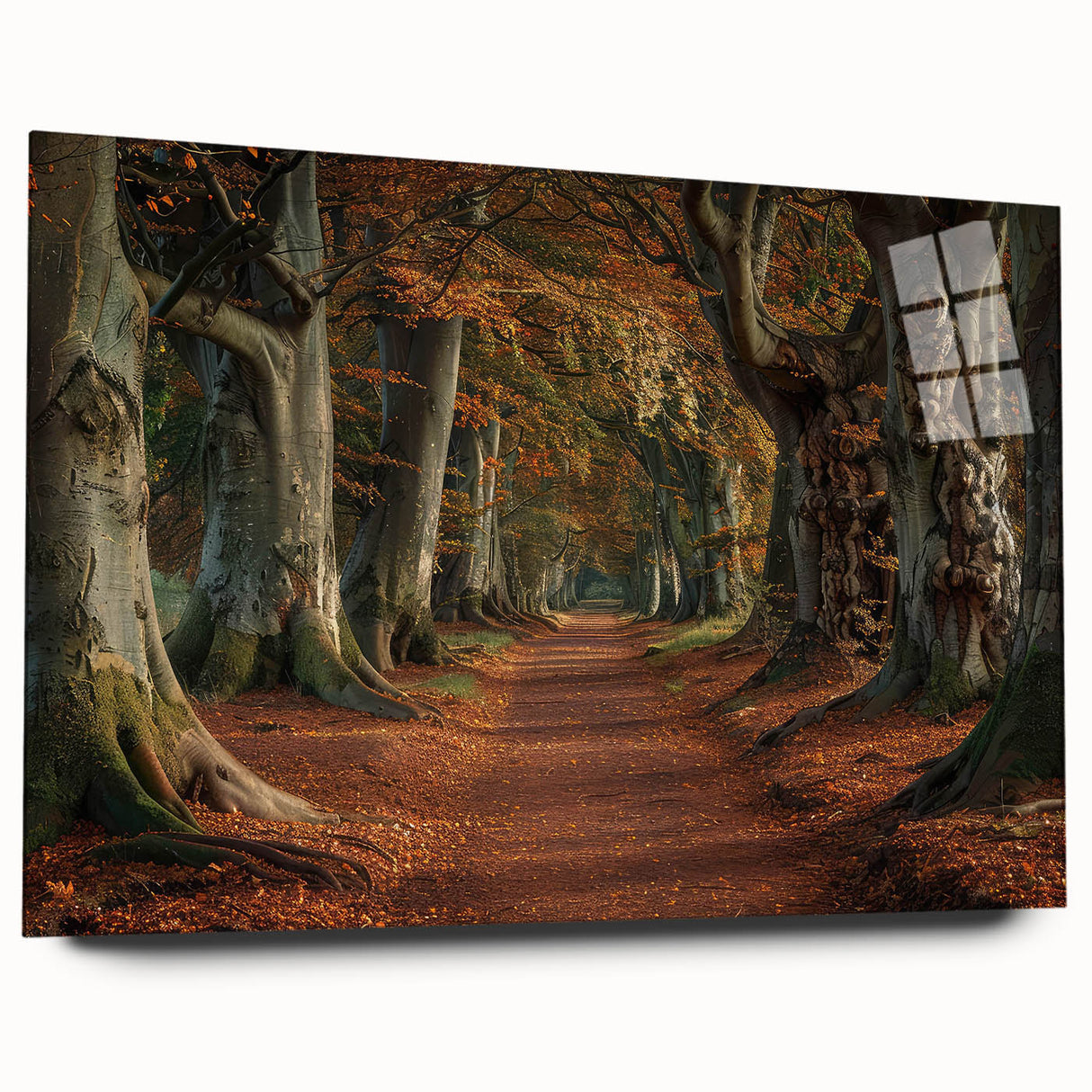 Acrylic glass wall art depicting a serene landscape of trees in vibrant greens and browns, displayed from a side view, perfect for modern home decor.
