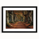 Framed wall art showcasing a serene landscape with trees, featuring a black frame and mat, ideal for enhancing home decor with nature-inspired elegance.