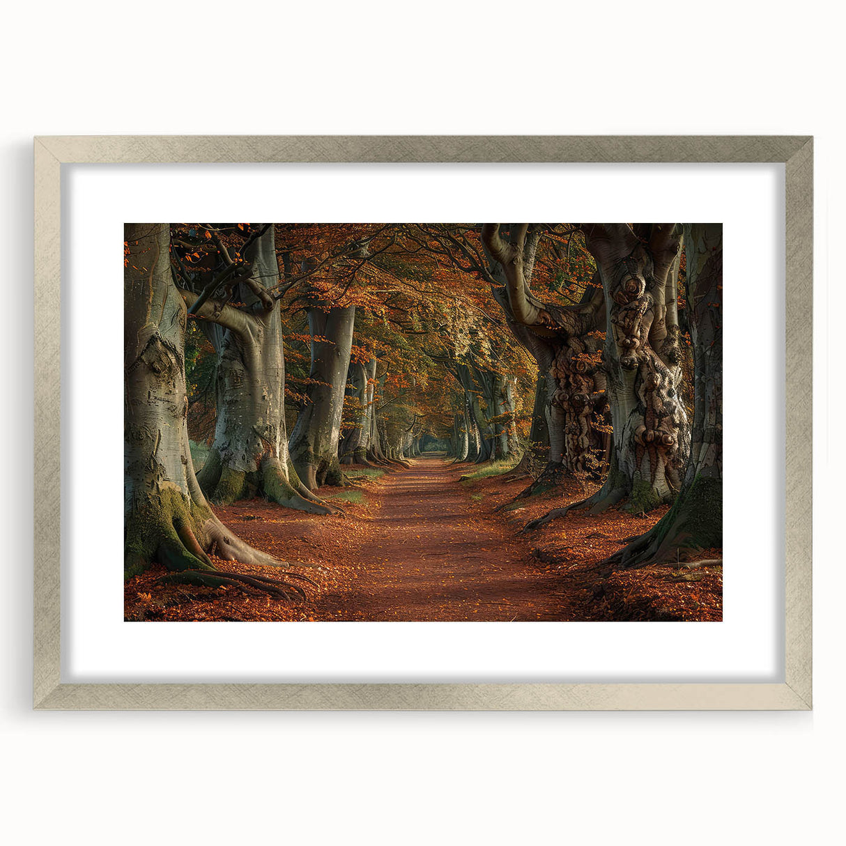 Framed wall art showcasing a serene landscape with vibrant trees and a silver mat, designed to enhance any home decor. Perfect for nature lovers and art enthusiasts.
