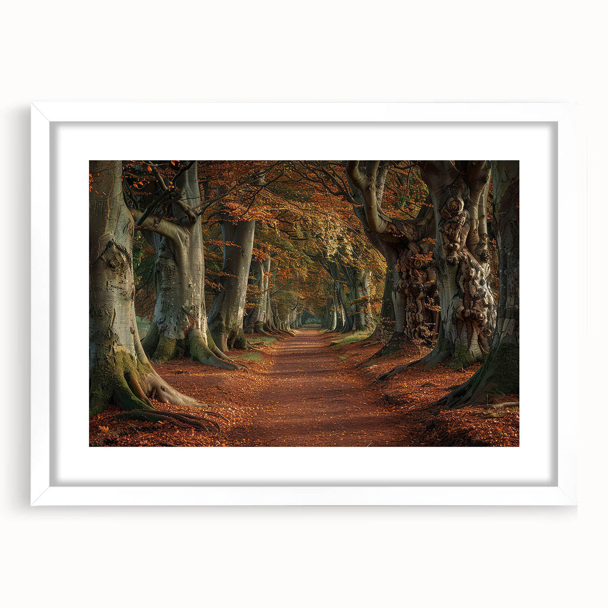 Framed wall art featuring a serene landscape with trees, set in a crisp white mat and frame, perfect for enhancing home decor in living spaces or offices.