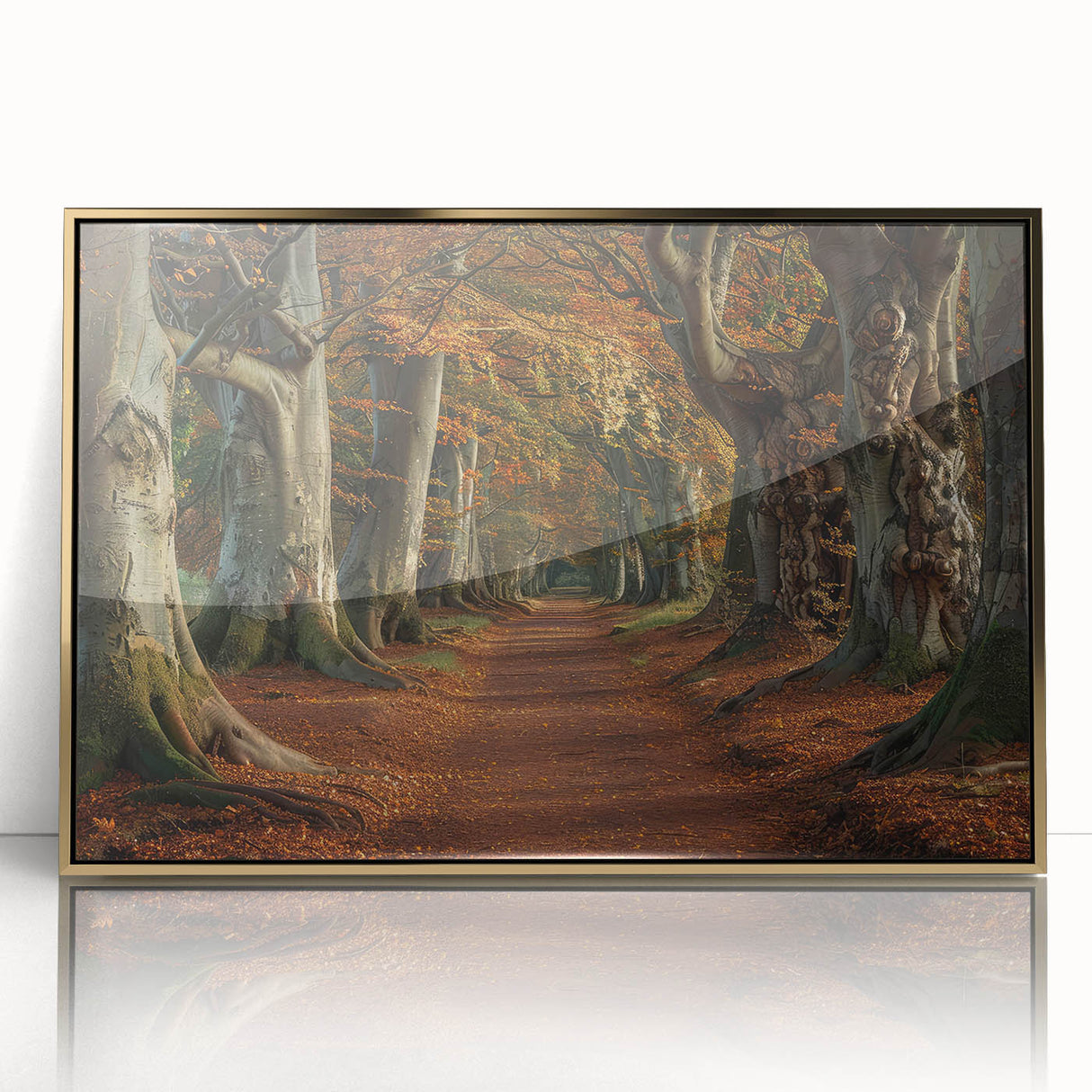 Framed acrylic wall art featuring a vibrant landscape design with lush green trees and a golden border, ideal for home decor and adding a nature-inspired touch.