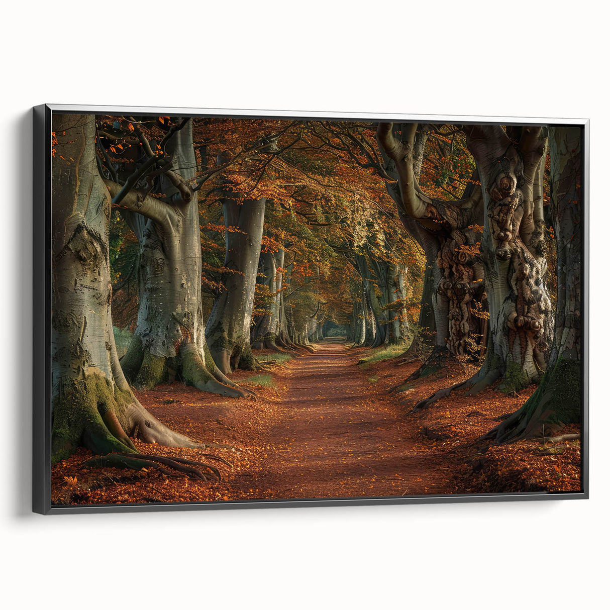 Framed canvas wall art featuring a serene landscape with vibrant green trees and a tranquil blue sky. The artwork is presented in a sleek black frame, enhancing its visual appeal for home decor. Perfect for nature lovers seeking to bring a touch of the outdoors inside.
