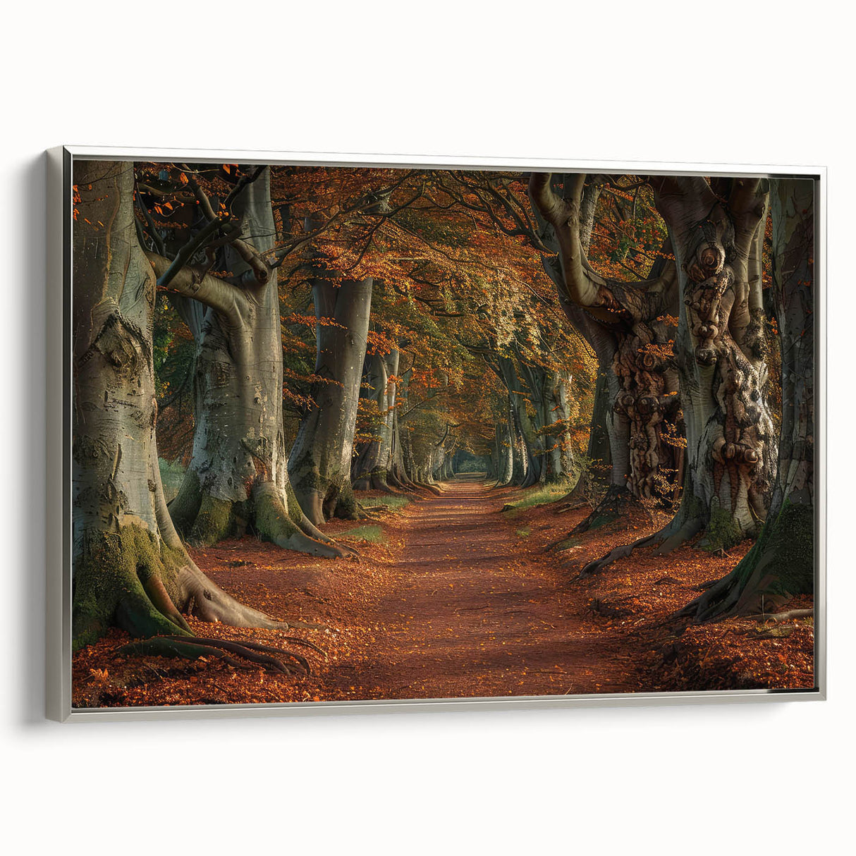 Framed wall art showcasing a serene landscape with trees, designed in soft colors and a silver frame, adding a touch of elegance to any decor.