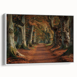 Framed canvas wall art showcasing a serene landscape with trees, featuring a white frame and side view, perfect for home decor and nature enthusiasts.