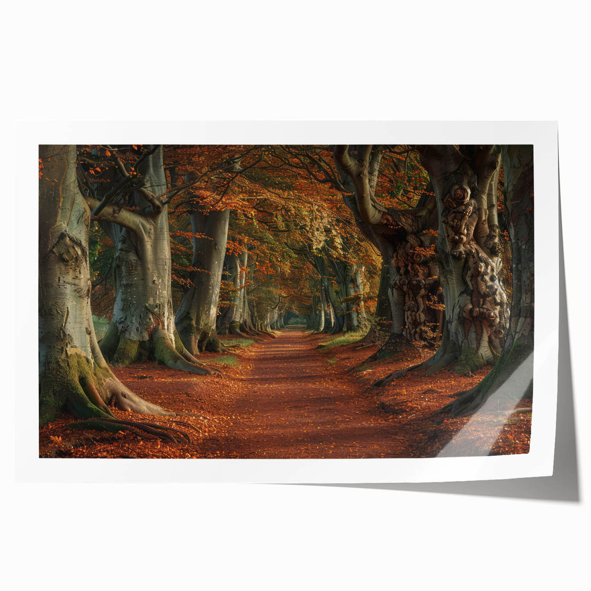 Vibrant wall art print showcasing a serene landscape with lush green trees and a clear blue sky, rolled for easy transport and display in home decor.