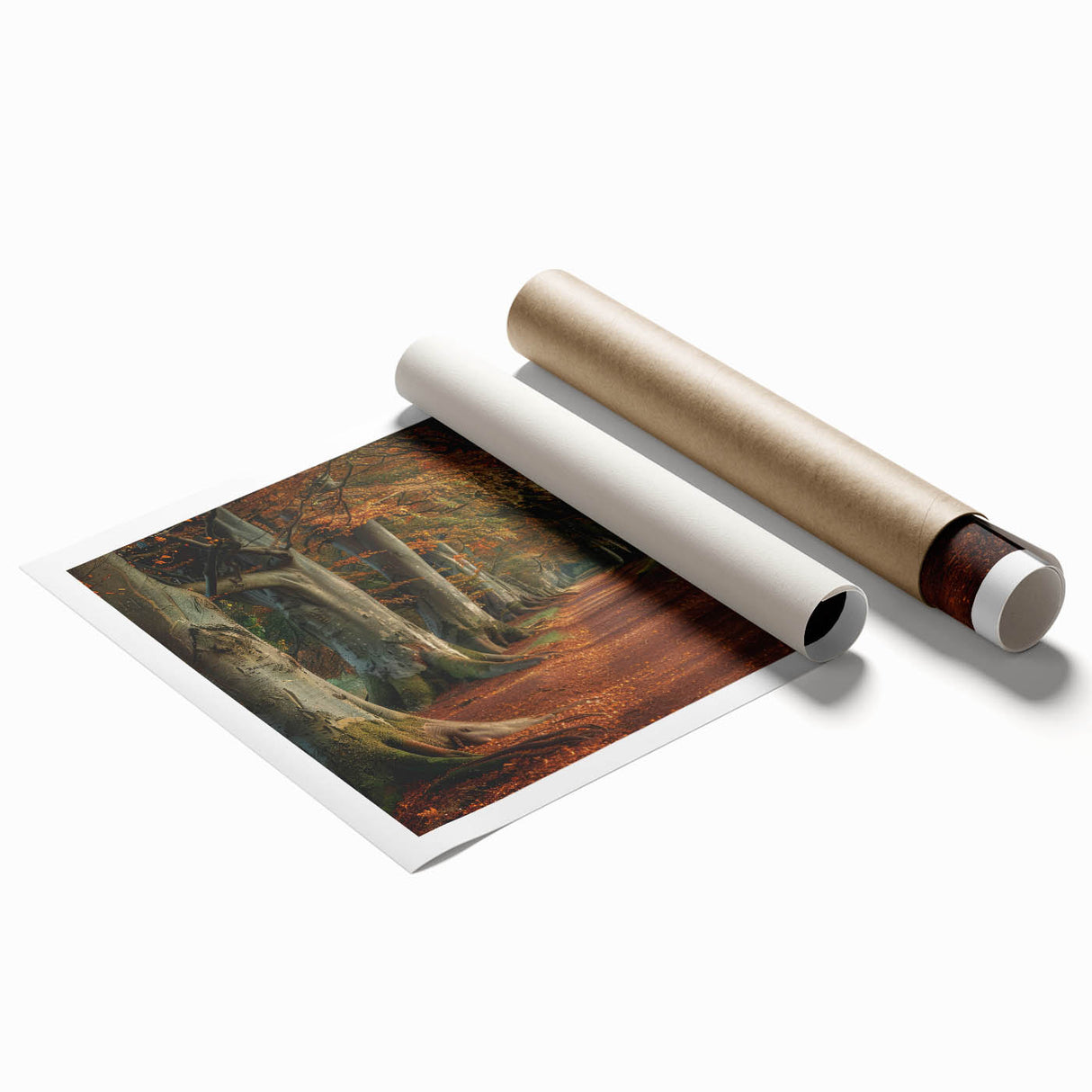 Vibrant rolled print of abstract tree landscape art showcasing rich greens and browns, designed to enhance home decor with natural elements. Perfect for living rooms or offices.