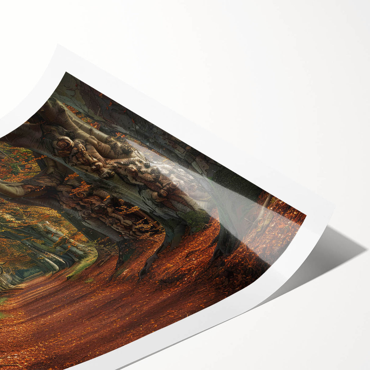 Rolled print of a serene landscape featuring tall green trees against a clear blue sky, ideal for home decor. Vibrant colors enhance tranquility and natural beauty.