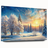 Acrylic glass wall art featuring a vibrant landscape design with trees, showcased from a side view, elegantly pinned for display, ideal for home decor accents.
