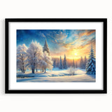 Framed wall art featuring a serene landscape of trees in various shades of green, presented in a sleek black frame with a white mat, ideal for home decor.