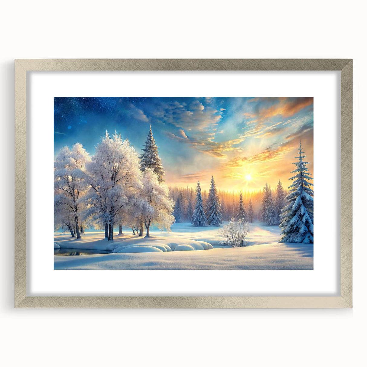Framed wall art collection showcasing a serene landscape of trees, presented in a silver frame with a mat, perfect for enhancing home decor with nature-inspired elegance.