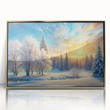 Framed acrylic wall art showcasing a vibrant landscape design featuring trees in rich greens and gold accents, ideal for modern home decor.