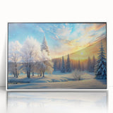 Framed acrylic wall art featuring a serene landscape with trees, set against a white background, showcasing vibrant colors and intricate details for home decor.