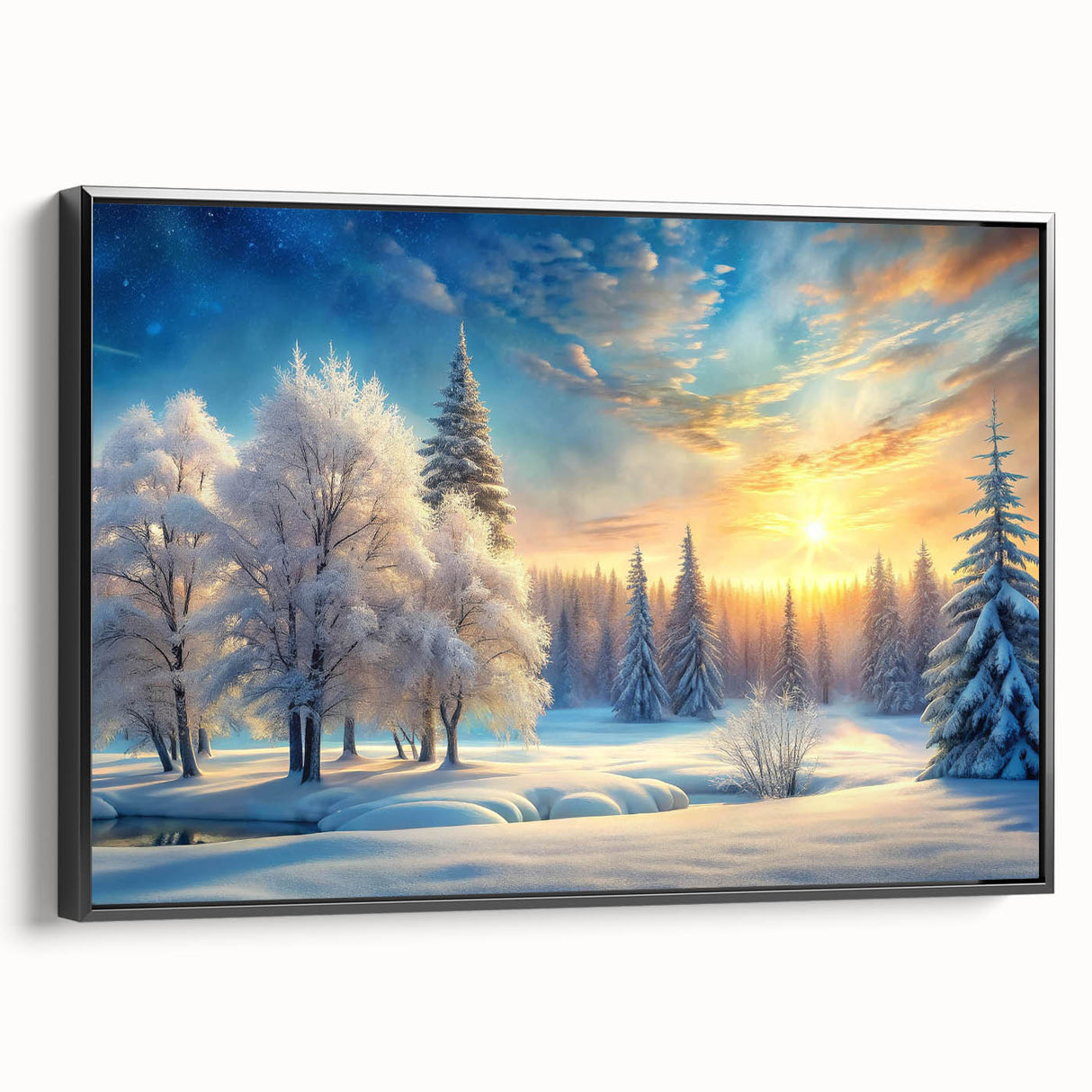 Framed canvas wall art depicting a serene landscape with lush green trees and a tranquil setting, showcasing a black frame for an elegant finish. Perfect for enhancing home decor.