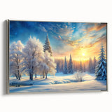 Framed canvas wall art featuring a serene landscape with vibrant trees and a silver frame, ideal for modern home decor and enhancing living spaces with nature-inspired beauty.