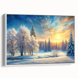 Framed canvas wall art showcasing a serene landscape with trees, featuring a white frame and side view, perfect for enhancing modern home decor.