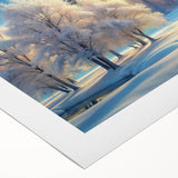 Rolled canvas artwork showcasing a vibrant landscape with lush green trees and a serene blue sky, ideal for home decor and nature-inspired interiors.