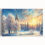Stretched canvas wall art featuring a serene landscape with vibrant green trees and a clear blue sky, perfect for enhancing home decor and creating a calming atmosphere.