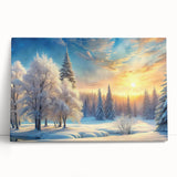 Stretched canvas wall art featuring a serene landscape with vibrant green trees and a tranquil blue sky, perfect for home decor or nature-themed spaces.