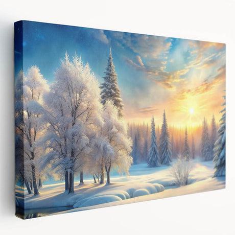 Stretched canvas wall art showcasing a serene landscape with vibrant green trees and a tranquil blue sky, ideal for home decor and nature lovers.