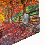 Close-up of a vibrant landscape wall art print featuring abstract trees and natural colors, designed for modern home decor, showcasing intricate details on acrylic glass.