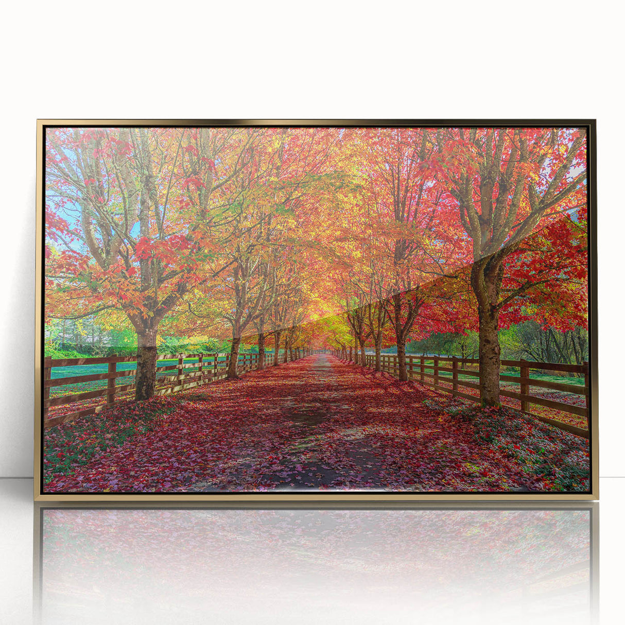 Framed acrylic wall art collection showcasing a stunning landscape with vibrant trees, enhanced with a gold frame, ideal for modern home decor and nature lovers.