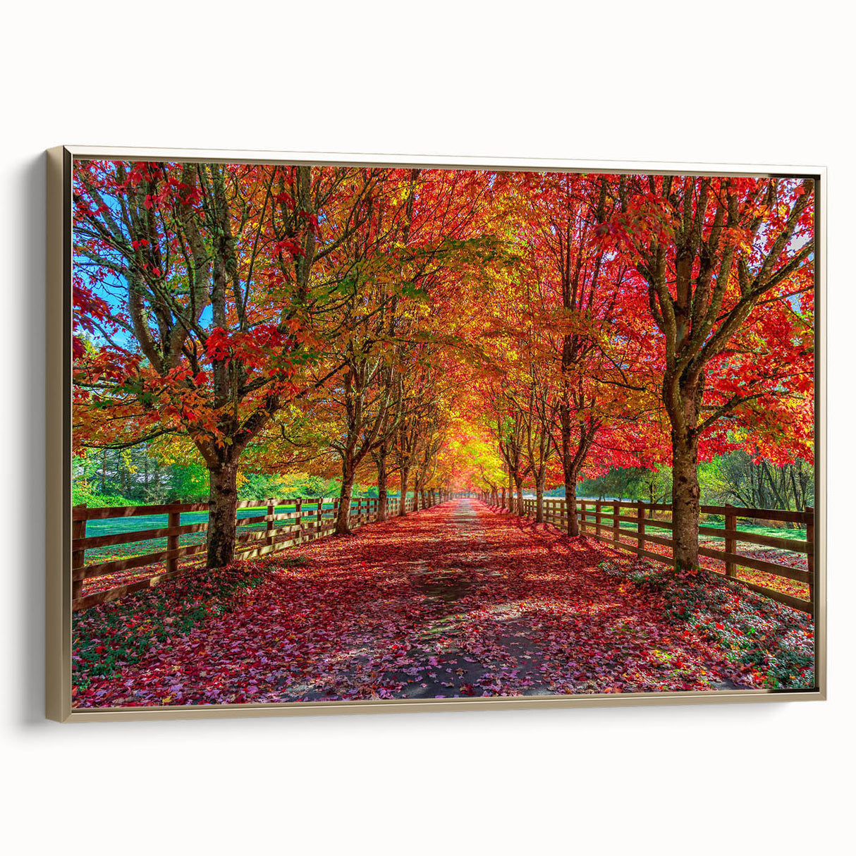 Framed canvas wall art showcasing a serene landscape with trees, highlighted by a gold frame, perfect for adding elegance to any home decor.