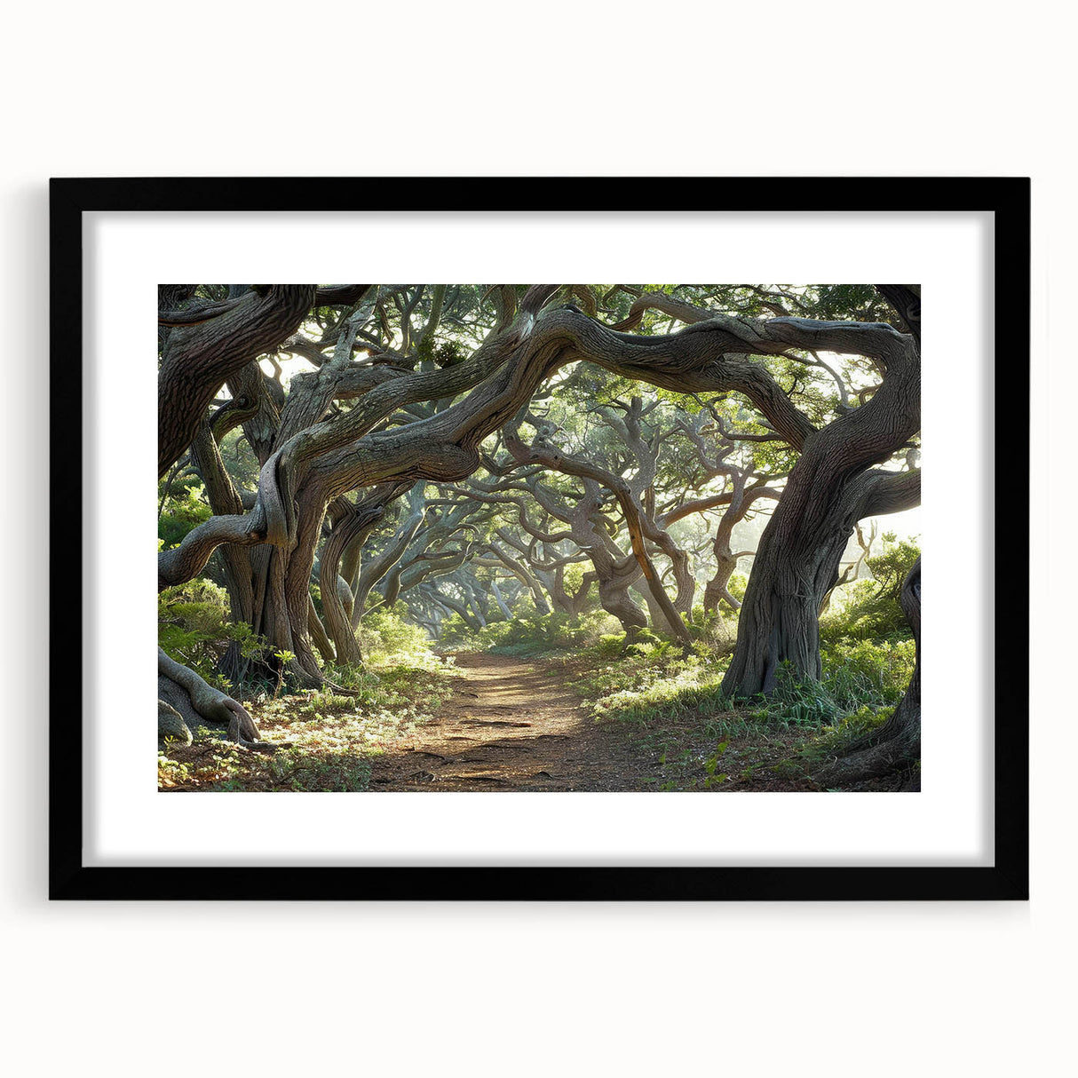 Framed landscape wall art featuring trees in a serene setting, with a black mat and frame, ideal for home decor in living rooms or offices.