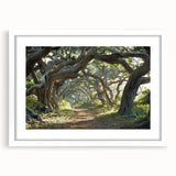 Framed wall art collection featuring a serene landscape with trees, set in a white mat and frame, ideal for home decor or office ambiance.
