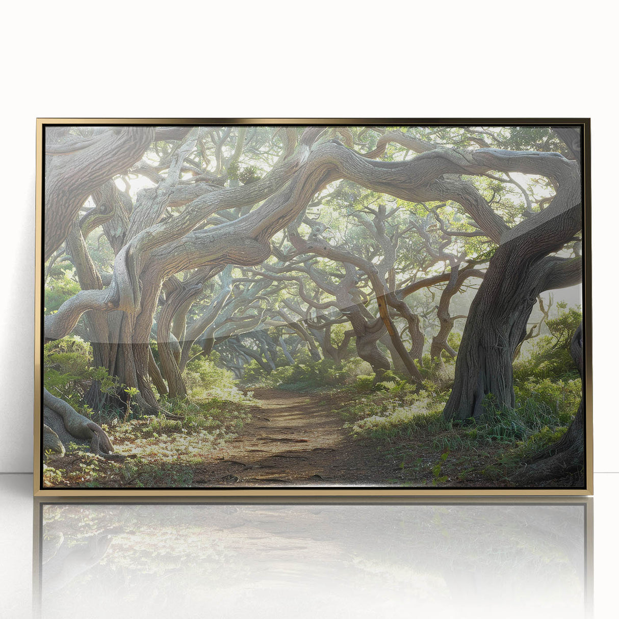 Framed wall art featuring a stunning landscape design with lush green trees and a serene natural setting, accented by a gold frame, perfect for home decor.