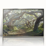 Framed acrylic wall art featuring a serene landscape with tall trees, set in a sleek silver frame, perfect for modern home decor and nature-themed interiors.