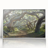 Framed acrylic wall art showcasing a serene landscape with lush green trees, presented in a sleek white frame, perfect for modern home decor.