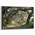 Framed canvas artwork showcasing a serene landscape with trees, featuring a black frame and side view, ideal for modern home decor. Perfect for nature lovers.
