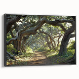 Framed canvas artwork showcasing a serene landscape with trees, featuring a black frame and side view, ideal for modern home decor. Perfect for nature lovers.