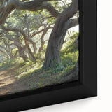 Close-up of a framed canvas wall art piece showcasing a vibrant landscape with lush green trees and serene natural elements, perfect for home decor.