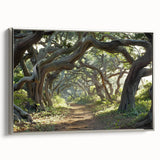 Framed canvas wall art showcasing a tranquil landscape design with lush green trees, elegant silver accents, and a modern side view, perfect for home decor.