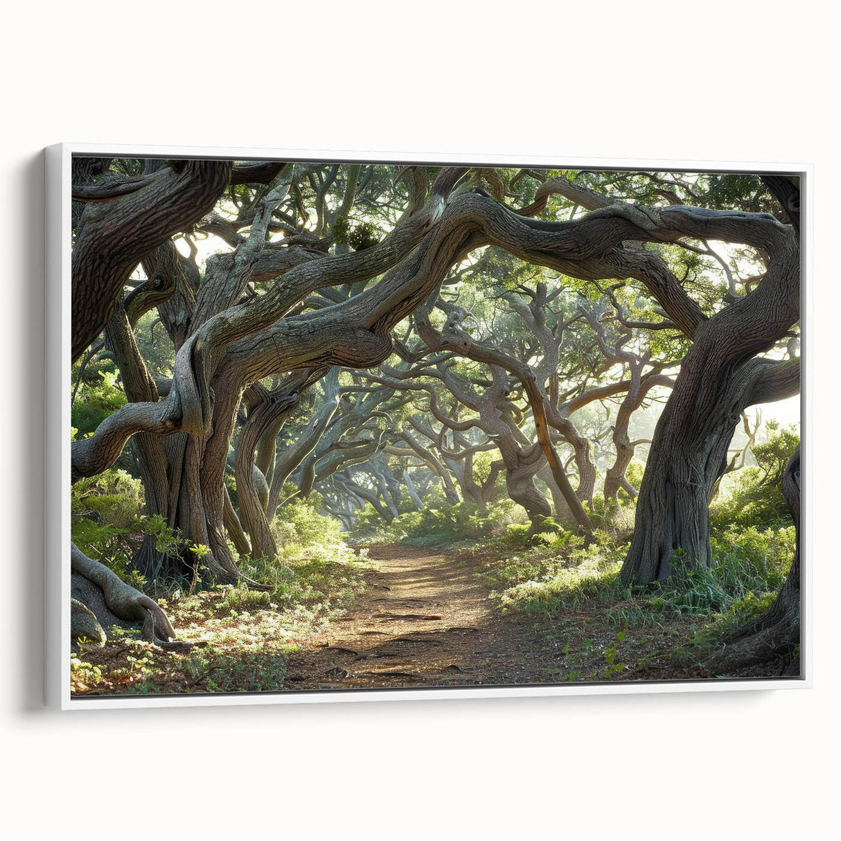 Framed canvas wall art showcasing a serene landscape with trees, featuring a white border and side view, perfect for home decor and nature enthusiasts.