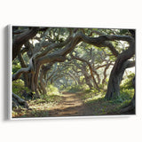 Framed canvas wall art showcasing a serene landscape with trees, featuring a white border and side view, perfect for home decor and nature enthusiasts.