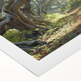 Vibrant rolled canvas wall art showcasing a serene landscape with lush green trees and a tranquil blue sky, ideal for home decor and nature enthusiasts.