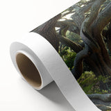 Rolled canvas artwork showcasing a vibrant landscape with lush green trees and a serene blue sky, ideal for home decor, packaged securely in a cardboard tube.