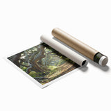 Vibrant rolled canvas print showcasing an abstract landscape with lush green trees and a serene blue sky, ideal for modern home decor. Packaged safely in a sturdy tube for delivery.
