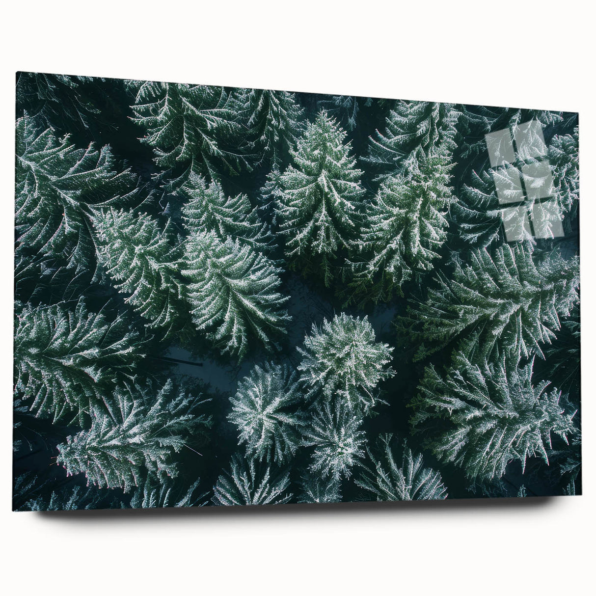 Acrylic glass wall art showcasing a vibrant landscape design with lush green trees and serene colors, displayed in a modern side view, perfect for home decor.