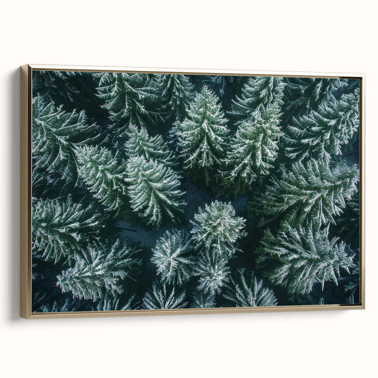 Framed canvas wall art featuring a serene landscape design with lush trees, soft gold accents, and a modern aesthetic, ideal for home decor enhancement.