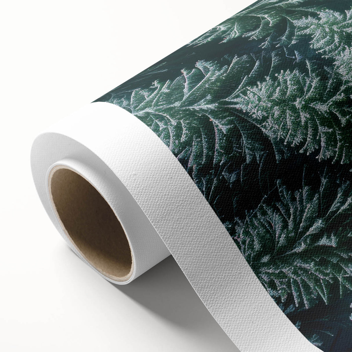 Rolled canvas artwork showcasing a serene landscape with vibrant green trees, perfect for home decor, delivered in protective packaging for safe transit.
