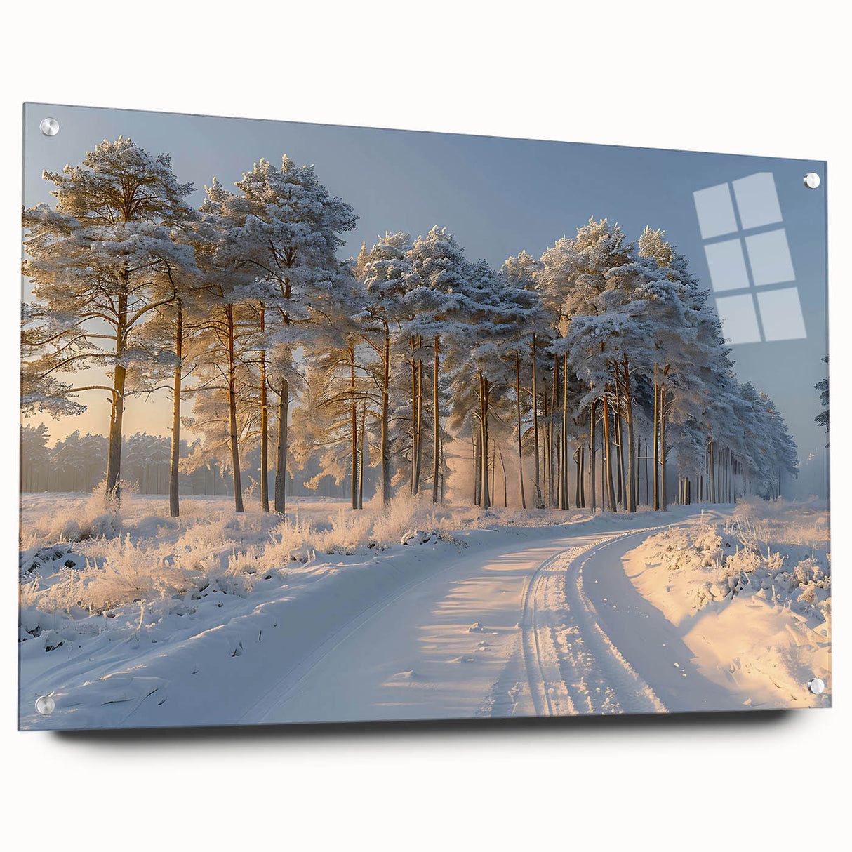 Acrylic glass wall art piece showcasing a vibrant landscape design with trees, displayed from the side with decorative pins, perfect for modern home decor.