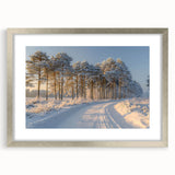 Framed wall art featuring a serene landscape with trees, presented in a silver frame with a mat, ideal for enhancing home decor with nature-inspired elegance.