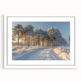 Framed wall art featuring a serene landscape with trees, elegantly displayed in a white mat and frame, ideal for enhancing modern home decor.