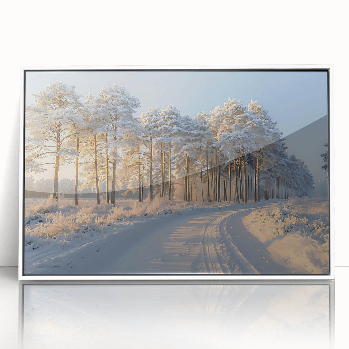 Framed wall art featuring a serene landscape design with trees, presented in a white frame, ideal for enhancing home decor with a nature-inspired touch. The acrylic finish adds a sleek look, perfect for modern interiors.