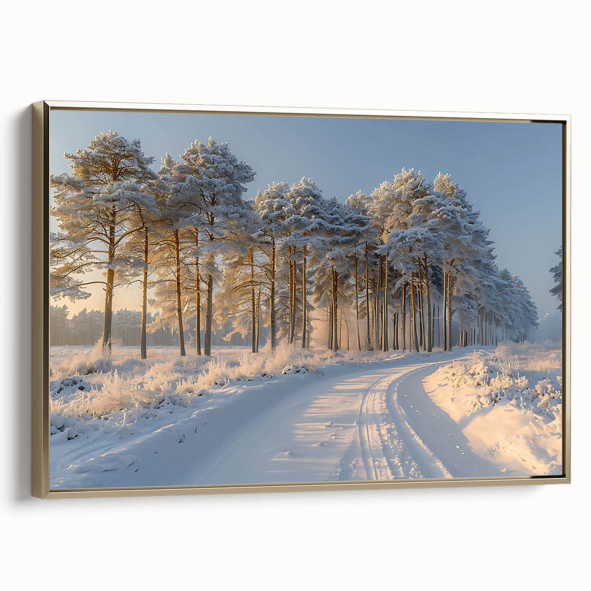 Framed canvas wall art featuring a serene landscape with tall trees, showcasing vibrant green foliage and a golden frame, ideal for home decor.