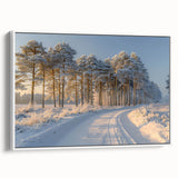 Framed canvas wall art featuring a serene landscape with lush green trees and a white border, perfect for enhancing home decor in a modern setting.