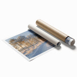 Stunning landscape wall art print showcasing vibrant trees against a serene backdrop, rolled and ready for framing, ideal for nature-themed decor.